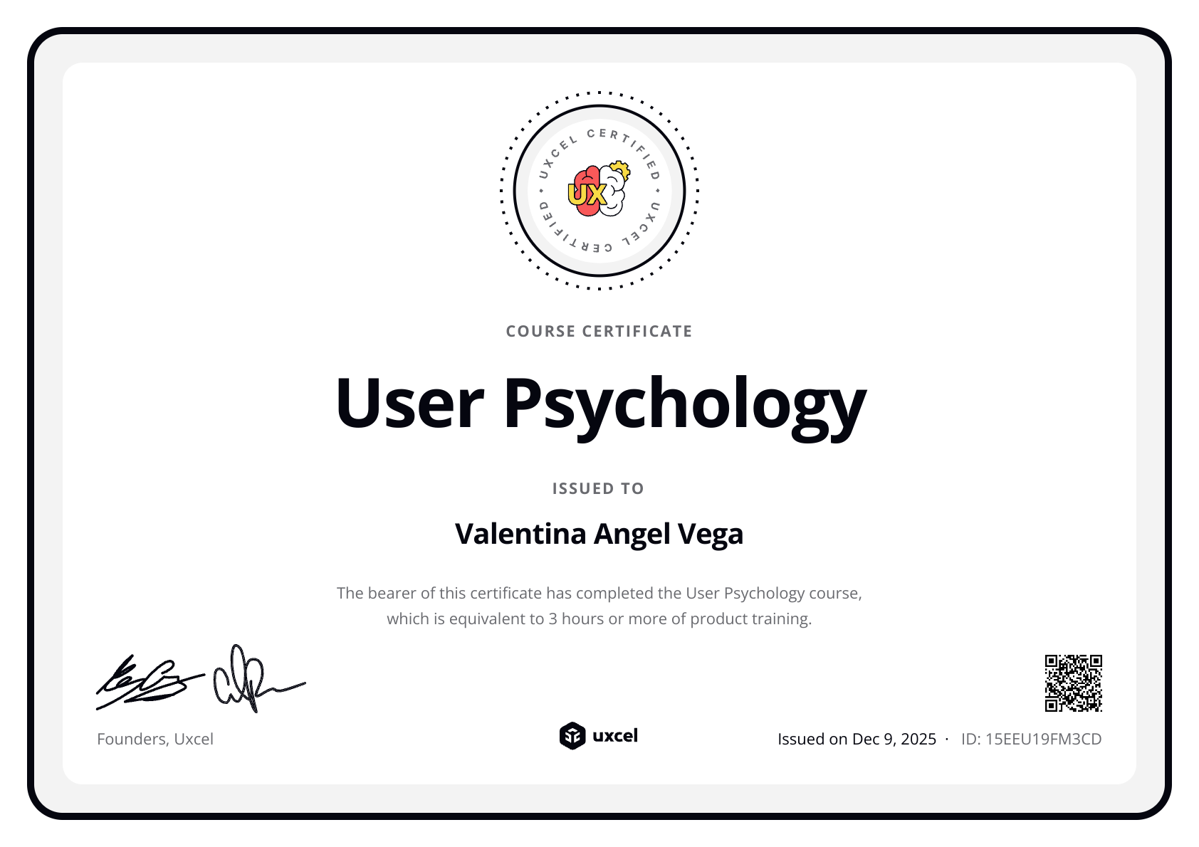 Valentina Angel Vega's certificate